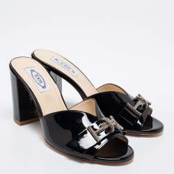 Pre Owned Tod's Black Patent Leather Double T Embellished Slide Sandals Size 38.5