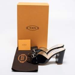 Pre Owned Tod's Black Patent Leather Double T Embellished Slide Sandals Size 38.5