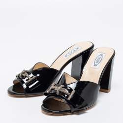 Pre Owned Tod's Black Patent Leather Double T Embellished Slide Sandals Size 38.5
