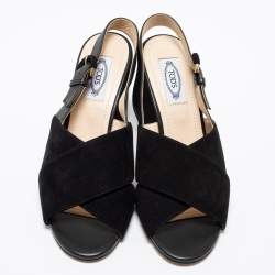 Pre Owned Tod's Black Suede And Leather Crisscross Block Heel Ankle Strap Sandals Size 38