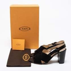 Pre Owned Tod's Black Suede And Leather Crisscross Block Heel Ankle Strap Sandals Size 38