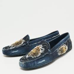 Pre Owned Tod's Blue Denim Sequin Embellished Slip On Loafers Size 37.5