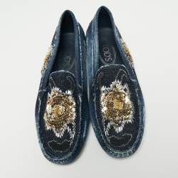 Pre Owned Tod's Blue Denim Sequin Embellished Slip On Loafers Size 37.5
