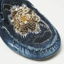 Pre Owned Tod's Blue Denim Sequin Embellished Slip On Loafers Size 37.5