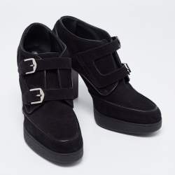 مملوكة مسبقًا حذاء بوت تودز سويدي أسود بإبزيم بحزام كعب سميك مقاس 40.5