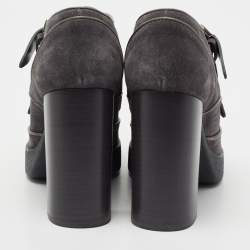 Pre Owned حذاء بوت تودز سويدي رصاصي بحزام مزدوج بإبزيم كعب سميك مقاس 38.5