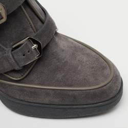 Pre Owned حذاء بوت تودز سويدي رصاصي بحزام مزدوج بإبزيم كعب سميك مقاس 38.5