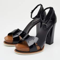 مملوكة مسبقًا Tod's Black Patent Leather Ankle Strap Block Heel Sandals Size 39