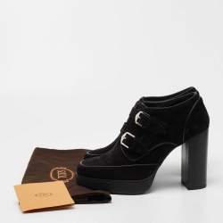 Pre Owned Tod's Black Suede Leather Buckle Detail Block Heel Booties Size 40