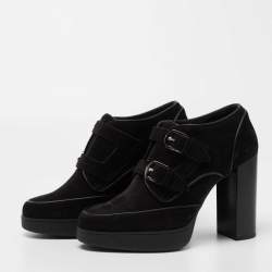 Pre Owned Tod's Black Suede Leather Buckle Detail Block Heel Booties Size 40