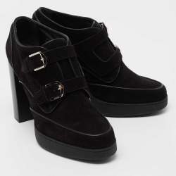 Pre Owned Tod's Black Suede Leather Buckle Detail Block Heel Booties Size 40