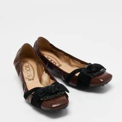 Pre Owned Tod's Brown/Black Leather Crystal Embellished Bow Scrunch Ballet Flats Size 38