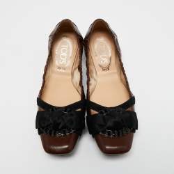 Pre Owned Tod's Brown/Black Leather Crystal Embellished Bow Scrunch Ballet Flats Size 38