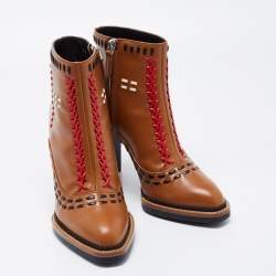 Pre Owned Tod's Brown Leather Gipsy Cross Stitch Detail Block Heel Ankle Boots Size 36