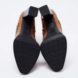 Pre Owned Tod's Brown Leather Gipsy Cross Stitch Detail Block Heel Ankle Boots Size 36