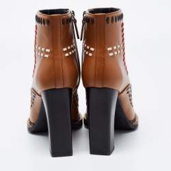 Pre Owned Tod's Brown Leather Gipsy Cross Stitch Detail Block Heel Ankle Boots Size 36