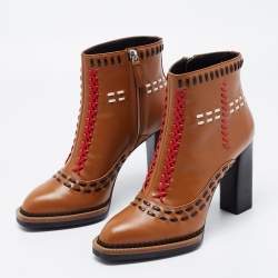 Pre Owned Tod's Brown Leather Gipsy Cross Stitch Detail Block Heel Ankle Boots Size 36