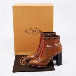 Pre Owned Tod's Brown Leather Gipsy Cross Stitch Detail Block Heel Ankle Boots Size 36