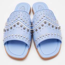 Pre Owned Tod's Light Blue Leather Studded Open Toe Flat Slide Sandals Size 37.5