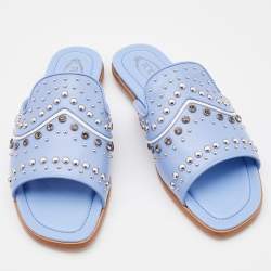Pre Owned Tod's Light Blue Leather Studded Open Toe Flat Slide Sandals Size 37.5