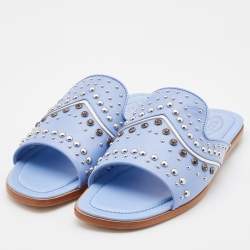 Pre Owned Tod's Light Blue Leather Studded Open Toe Flat Slide Sandals Size 37.5