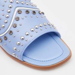 Pre Owned Tod's Light Blue Leather Studded Open Toe Flat Slide Sandals Size 37.5