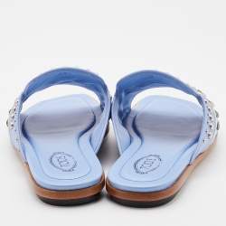 Pre Owned Tod's Light Blue Leather Studded Open Toe Flat Slide Sandals Size 37.5