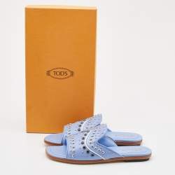 Pre Owned Tod's Light Blue Leather Studded Open Toe Flat Slide Sandals Size 37.5