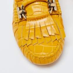 Pre Owned TodS Mustard Croc Embossed Leather T-Ring Fringe Loafer Size 37.5