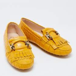 Pre Owned TodS Mustard Croc Embossed Leather T-Ring Fringe Loafer Size 37.5