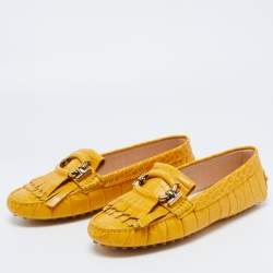 Pre Owned TodS Mustard Croc Embossed Leather T-Ring Fringe Loafer Size 37.5