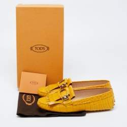 Pre Owned TodS Mustard Croc Embossed Leather T-Ring Fringe Loafer Size 37.5