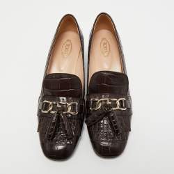 Pre Owned Tod's Brown Croc Embossed Leather Block Heel Loafer Pumps Size 40