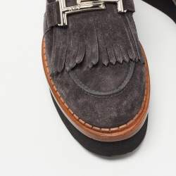 Pre Owned Tod's Grey Suede Fringes Double T  Platform Loafres Size 38