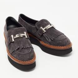 Pre Owned Tod's Grey Suede Fringes Double T  Platform Loafres Size 38