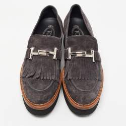 Pre Owned Tod's Grey Suede Fringes Double T  Platform Loafres Size 38