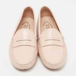 Pre Owned Tod's Light Pink Croc Embossed Leather Penny Loafers Size 36.5
