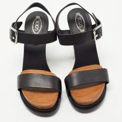 Pre Owned Tod's Black Leather Block Heel Platform Sandals Size 37