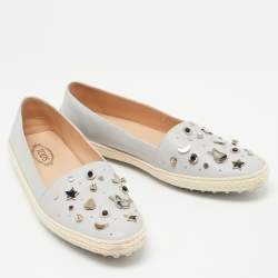 Pre Owned Tod's Grey Leather Studded Espadrille Ballet Flats Size 41