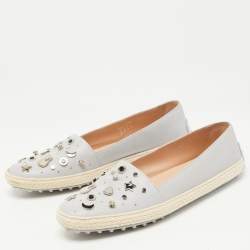 Pre Owned Tod's Grey Leather Studded Espadrille Ballet Flats Size 41