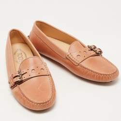 Pre Owned Tod's Light Brown Leather Buckle Detail Slip On Loafers Size 39