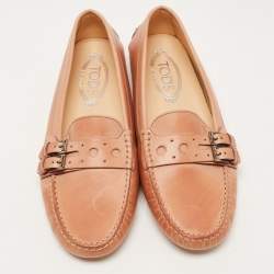 Pre Owned Tod's Light Brown Leather Buckle Detail Slip On Loafers Size 39