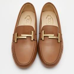 Pre Owned Tod's Brown Leather Double T Slip On Loafers Size 38.5