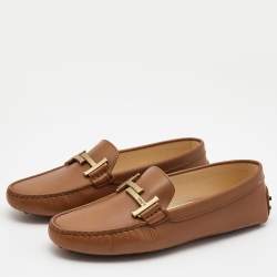 Pre Owned Tod's Brown Leather Double T Slip On Loafers Size 38.5