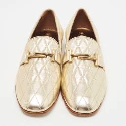 Pre Owned Tod's Gold Quilted Leather Double T Slip On Loafers Size 40.5