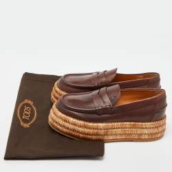 Pre Owned Tod's Brown Leather and Raffia Platform Loafers Size 37