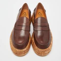 Pre Owned Tod's Brown Leather and Raffia Platform Loafers Size 37