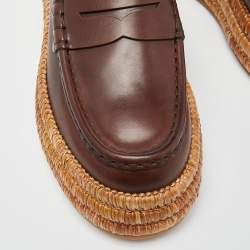 Pre Owned Tod's Brown Leather and Raffia Platform Loafers Size 37
