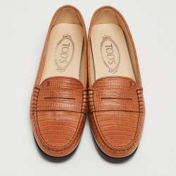 Pre Owned Tod's Brown Lizard Embossed Leather Gommino Penny Slip On Loafers Size 36.5
