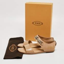 Pre Owned Tod's Brown Leather Chain Link Strap Flat Sandals Size 40